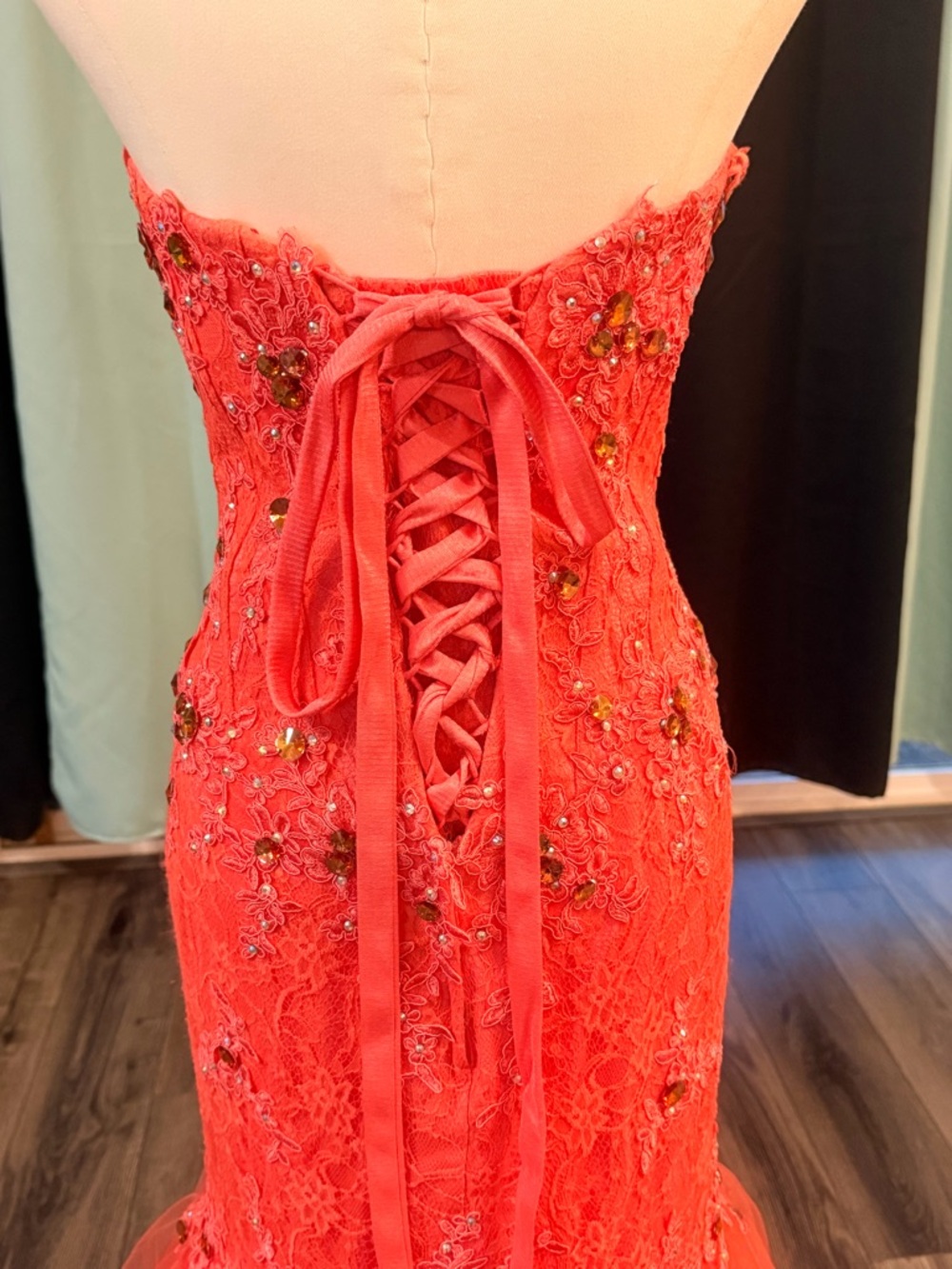Anny Lee Coral Lace Mermaid Prom Dress Beaded Formal Gown Small Pageant Event - Picture 4 of 16